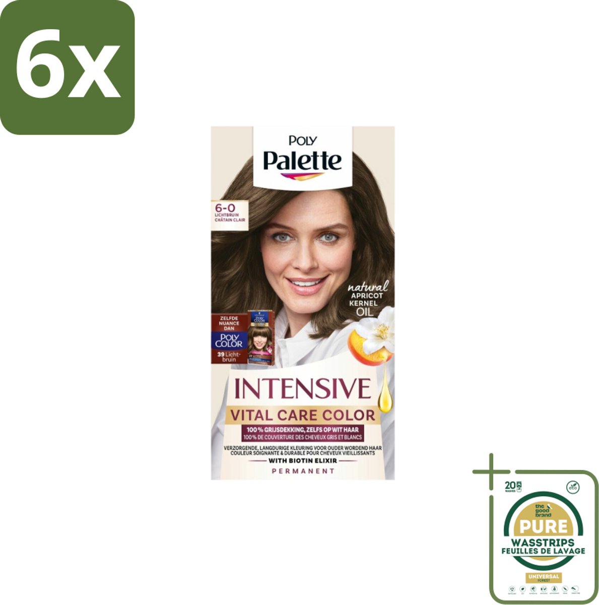 Poly Palette – Haarverf – 6-0 Lichtbruin – 115 ml - Voordeelverpakking - 6 stuks - Grijsdekking - Lichtbruin