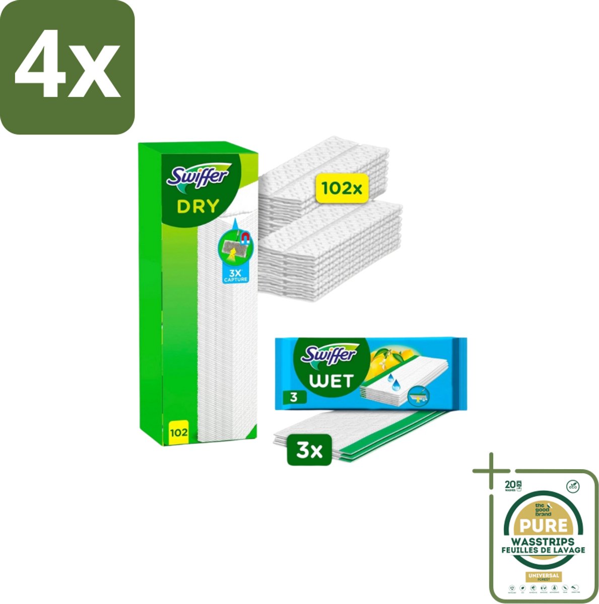 Swiffer – Vloerdoekjes – Dry Navullingen 102 + 3 Vochtige Doekjes - Voordeelverpakking - 4 stuks - Stofzuiger - Stof