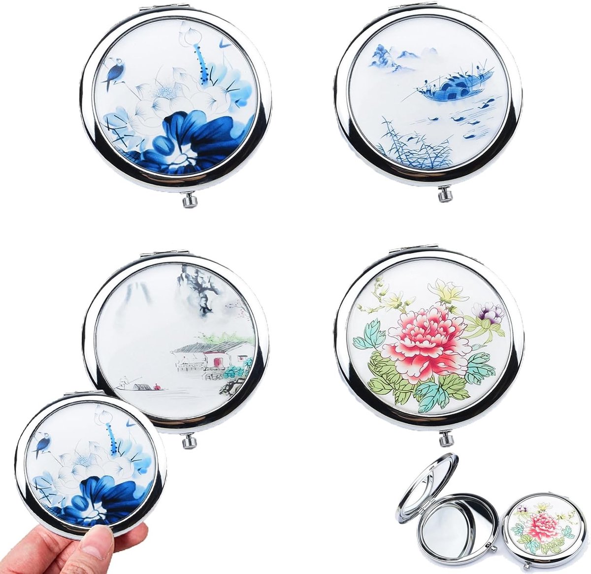 Set van 4 Pocket Spiegels, Compacte Ronde Spiegels voor Bruidsmeisjes, Make-up Accessoires voor Huwelijk, Verjaardag en Cadeaus