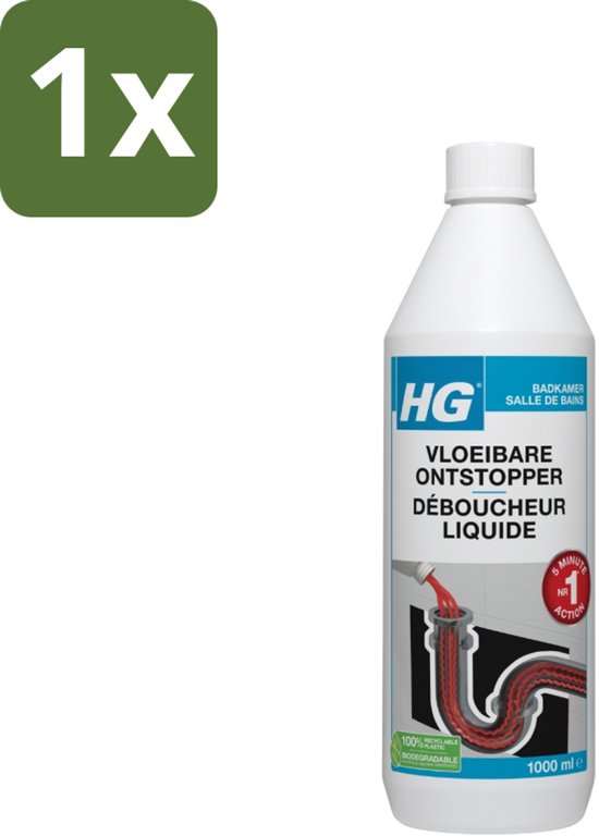 HG vloeibare ontstopper voor de badkamer, 1000 ml fles. Met "5 minuten actie" label.