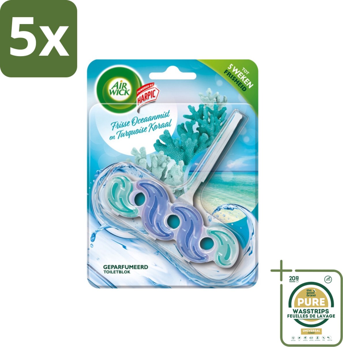 5 x Air Wick – Toiletblok – Frisse Oceaanmist & Turquoise Koraal - Grootverpakking - Toiletblok - Frisse Geur - Oceaanmist - Koraal - Kalkvoorkomend