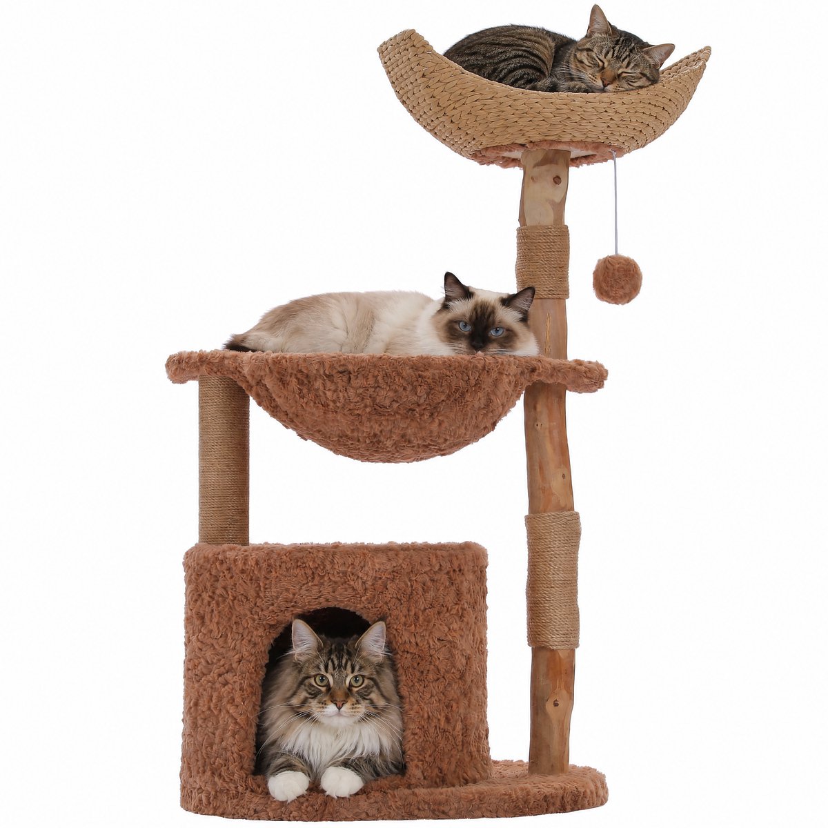 EcoPawPaw Houten Krabpaal voor Grote Katten – 102 cm – Grote Gevlochten Mand – Kattenhuis & Ligbed – Natuurlijke Houten Palen – Bruin