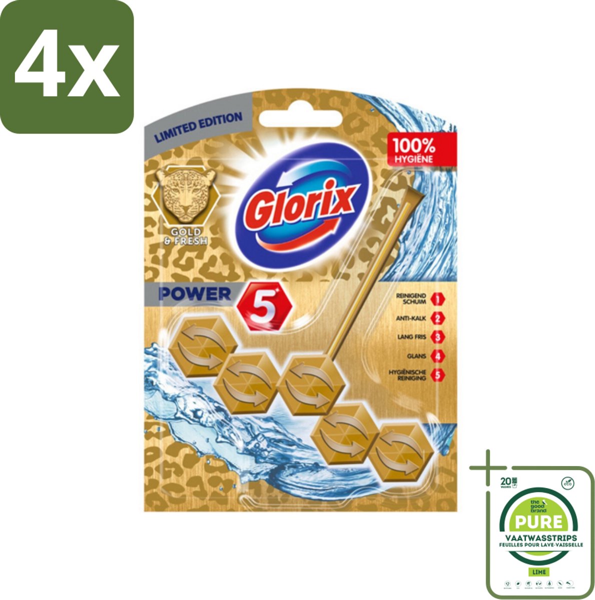 Glorix - Power 5 - Toiletblok - Gold & Fresh - Limited Edition - Langdurige Frisheid - 1 Blok - Voordeelverpakking - 4 stuks - Toiletblok - Toilet schoonmaak