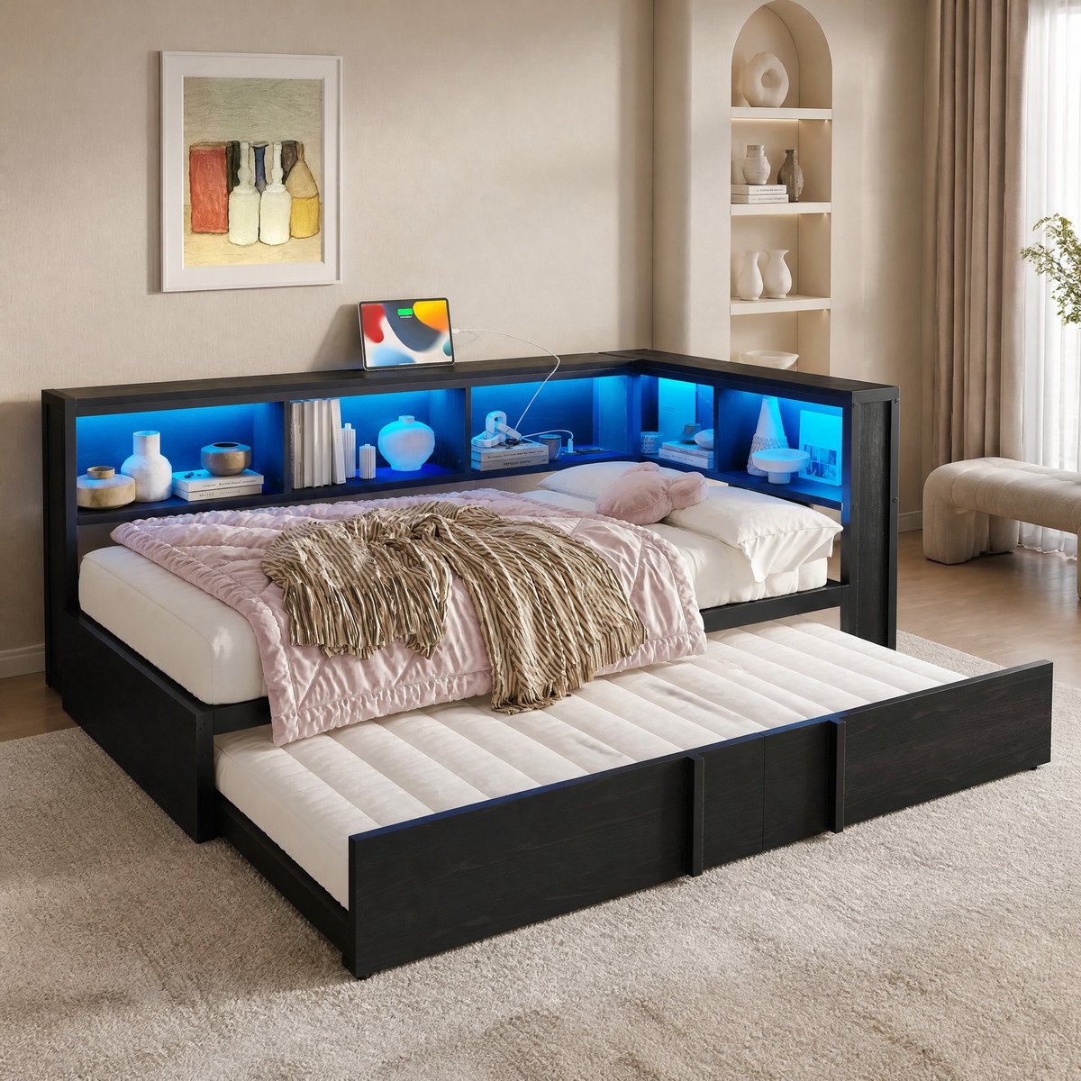 Wishdor Bedbank 90x200 cm - Uitschuifbed en opbergruimte - LED-hoofdbord met USB en stopcontacten - Modern minimalistisch - Slaapkamer logeerkamer - Metaal en MDF - Zwart