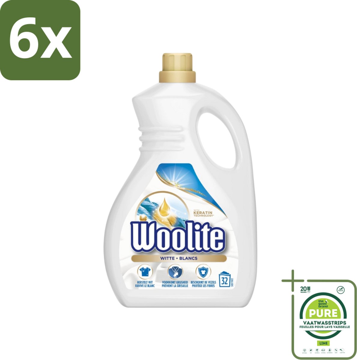 Woolite White - Vloeibaar Wasmiddel - Met Keratine - Witte Was - 32 Wasbeurten - 1,9L - Voordeelverpakking - 6 stuks - Witte was - Wasmiddel