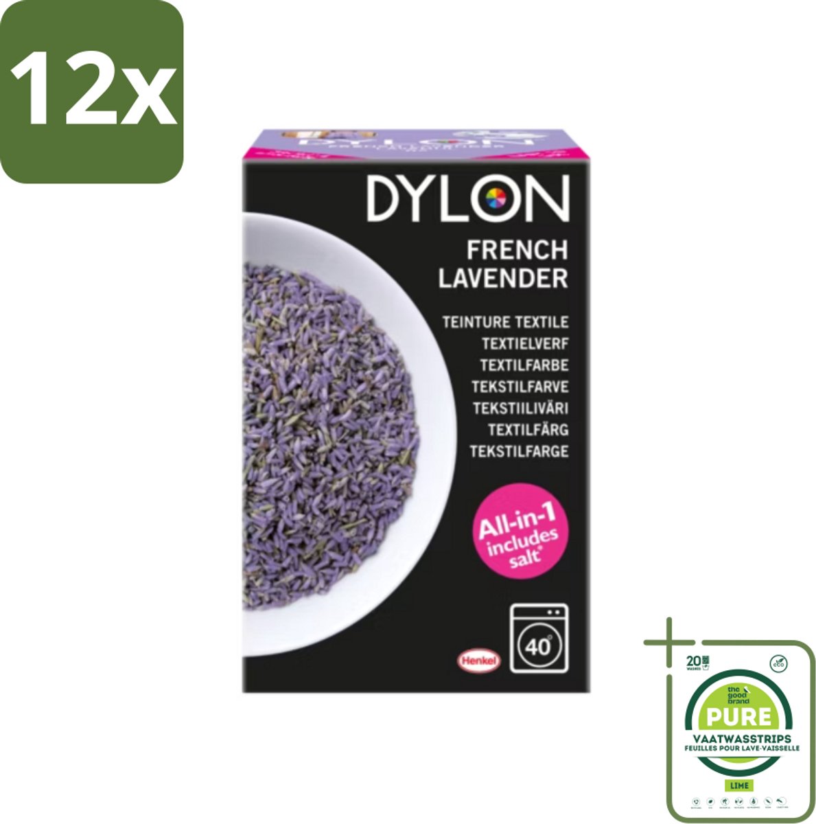 Dylon - Textielverf - French Lavender - All-in-One - Inclusief Zout - 350g - Voordeelverpakking - 12 stuks - Textielverf - Dylon