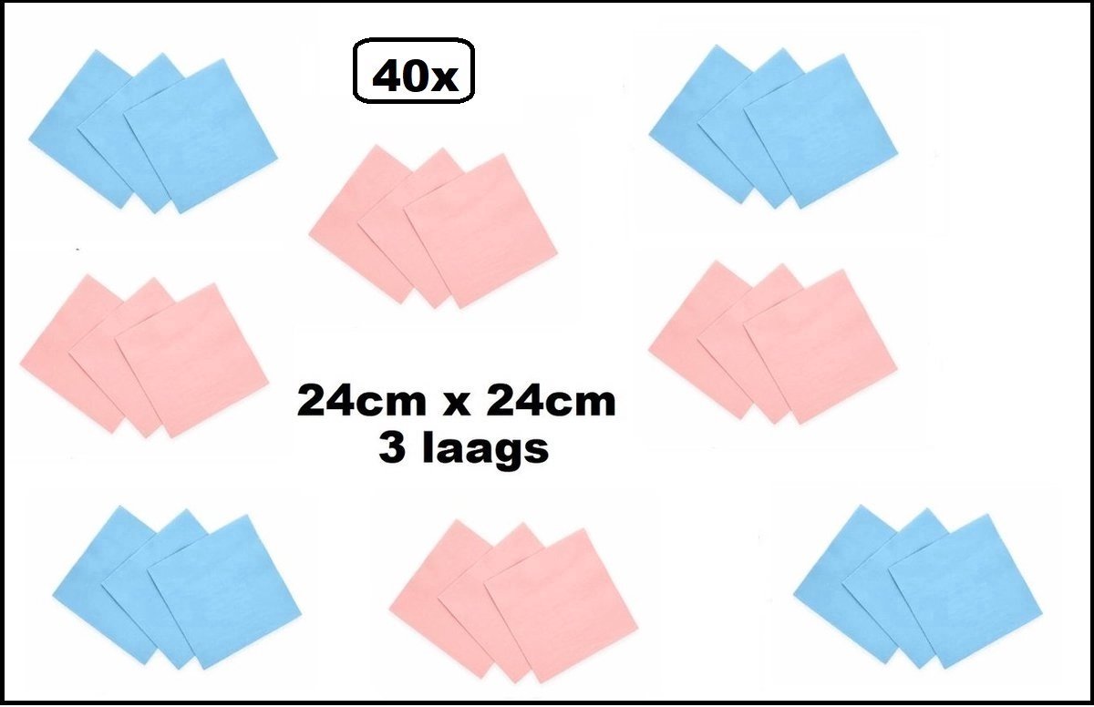 40x Servetten baby blauw en baby rose 24cm x 24cm - 3 laags - Baby shower party Cocktail servet diner eten knoeien restaurant BBQ thema feest verjaardag feest