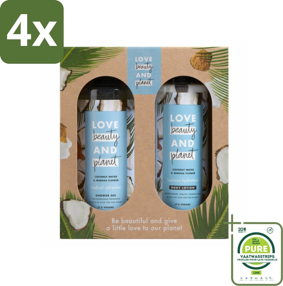 Love Beauty and Planet - Douchegel & Bodylotion - Kokoswater & Mimosabloem - Duo Geschenkset - Voordeelverpakking - 4 stuks - Kokoswater - Mimosabloem