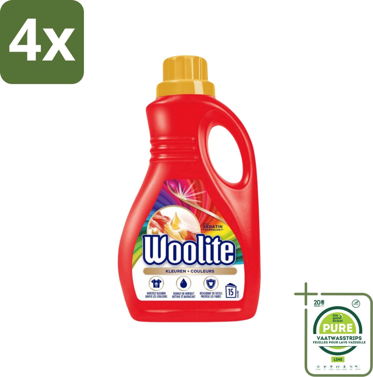 Woolite Color - Vloeibaar Wasmiddel - Met Keratine - Gekleurde Was - 15 Wasbeurten - 0,9L - Voordeelverpakking - 4 stuks - Wasmiddel voor gekleurde kleding - Kleurwasmiddel