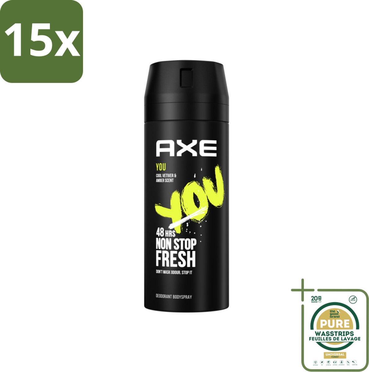 15 x Axe - Deodorant Bodyspray - 48hrs Fresh - You - Cool Vetiver & Amber - 150 ml - Grootverpakking - 48 Uur Bescherming - Deodorant Sprayer - Geur Van Amber - Geur Van Vanille - Geur Van Zwarte Peper