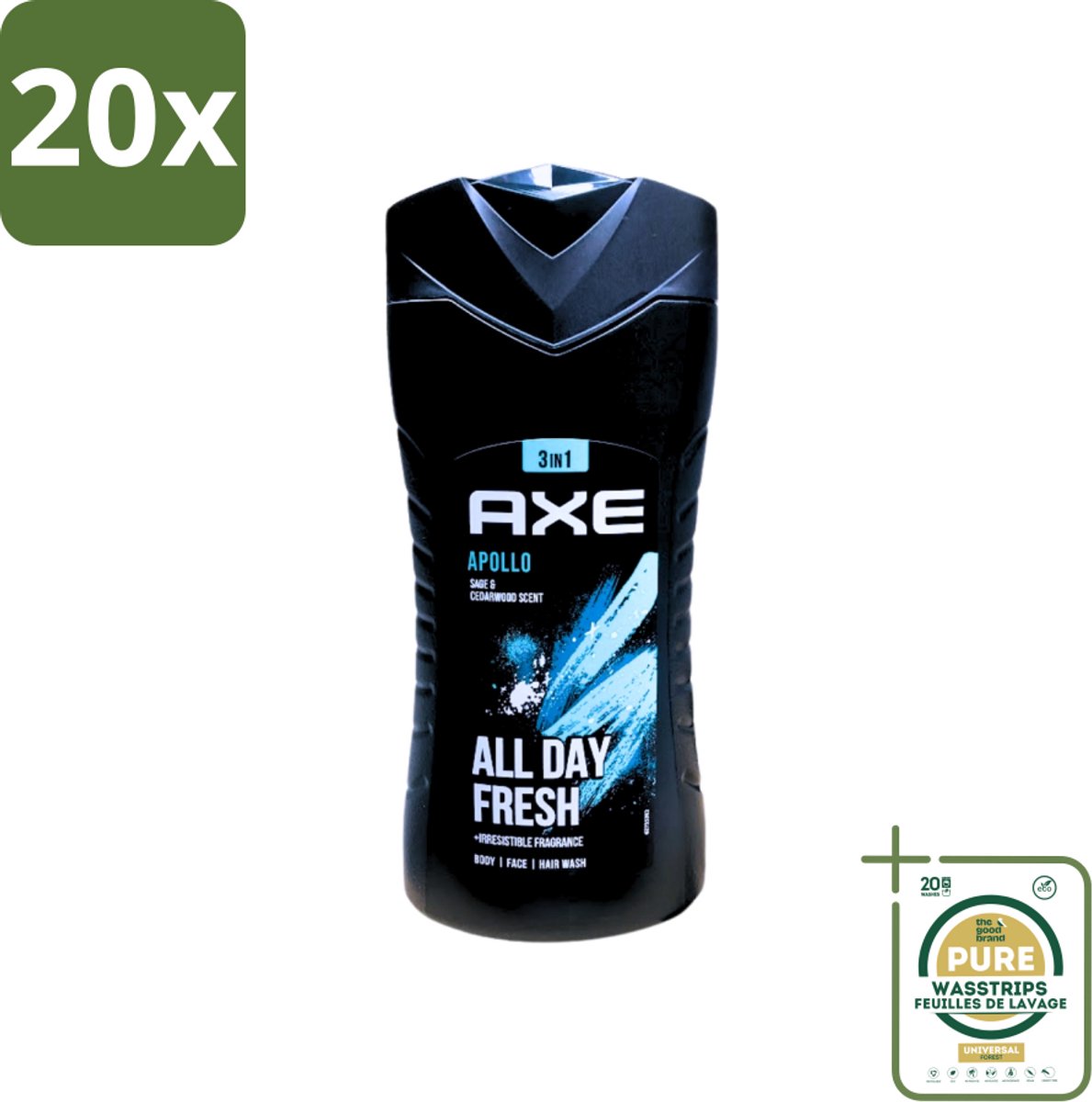 20 x Axe - 3-in-1 Douchegel - Apollo - Sage & Cedarwoord - All Day Fresh - 400 ml - Grootverpakking - Douchegel - Lichaam - Gezicht - Haar - Salie