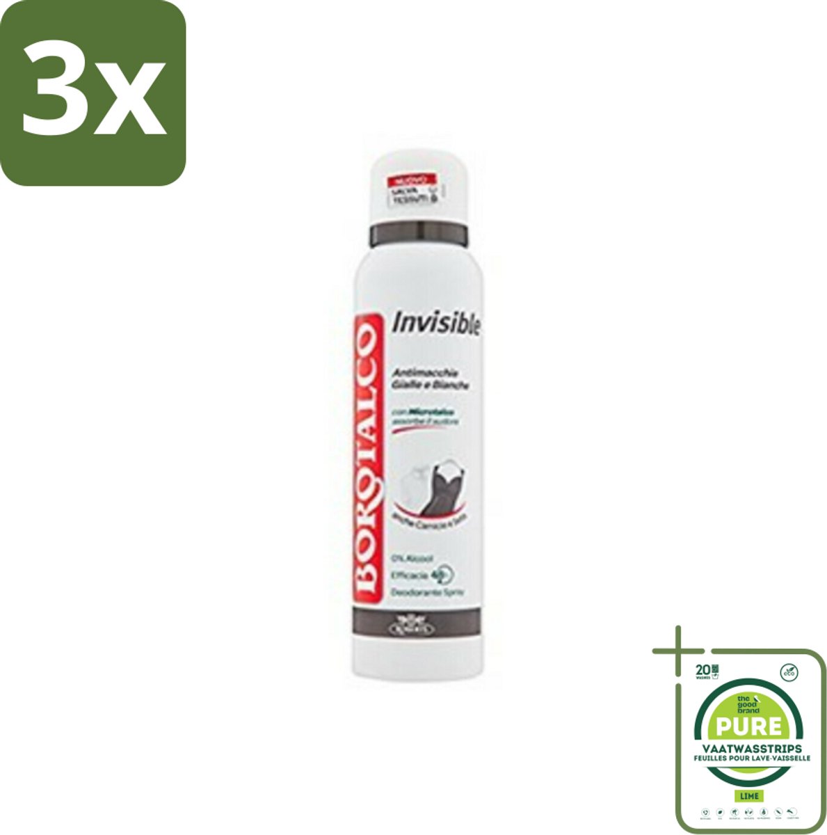3 x Borotalco - Deodorant Spray - Invisible - Barrier Effect Talc - 0% Alcohol - 150 ml - Grootverpakking - Borotalco Deodorant - Deodorant Spray - Antitranspirant - Vlekkenvrije Deodorant - Deodorant Voor Gevoelige Huid