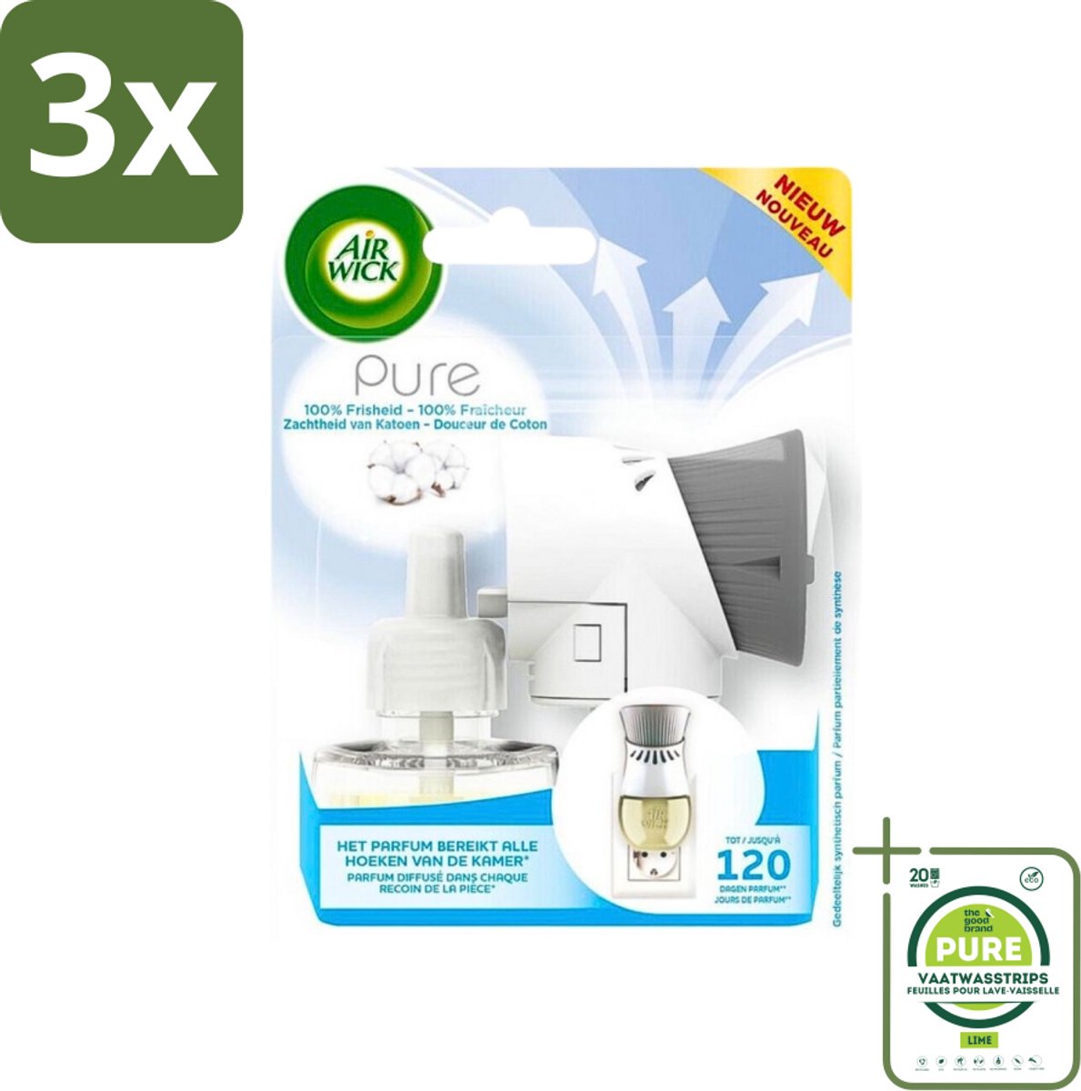 3 x Air Wick Elektrische Geurverspreider - Starterkit - Pure Zachtheid van Katoen - 19ml - Grootverpakking - Elektrische Geurverspreider - Katoen Geur - Luchtverfrisser - Geurverspreider Starterkit - Langdurige Geur