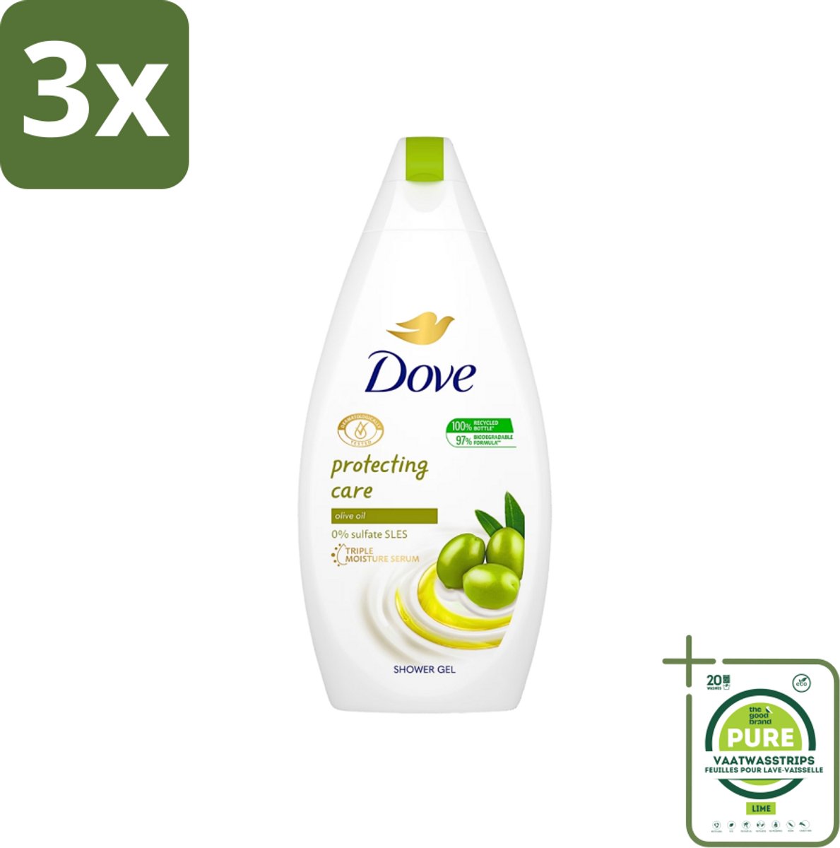 3 x Dove Protecting Care - Douchegel - Olijfolie - Sulfaatvrij - 450 ml - Grootverpakking - Dove Douchegel - Olijfolie Douchegel - Hydraterende Douchegel - Sulfaatvrije Douchegel - Zachte Douchegel