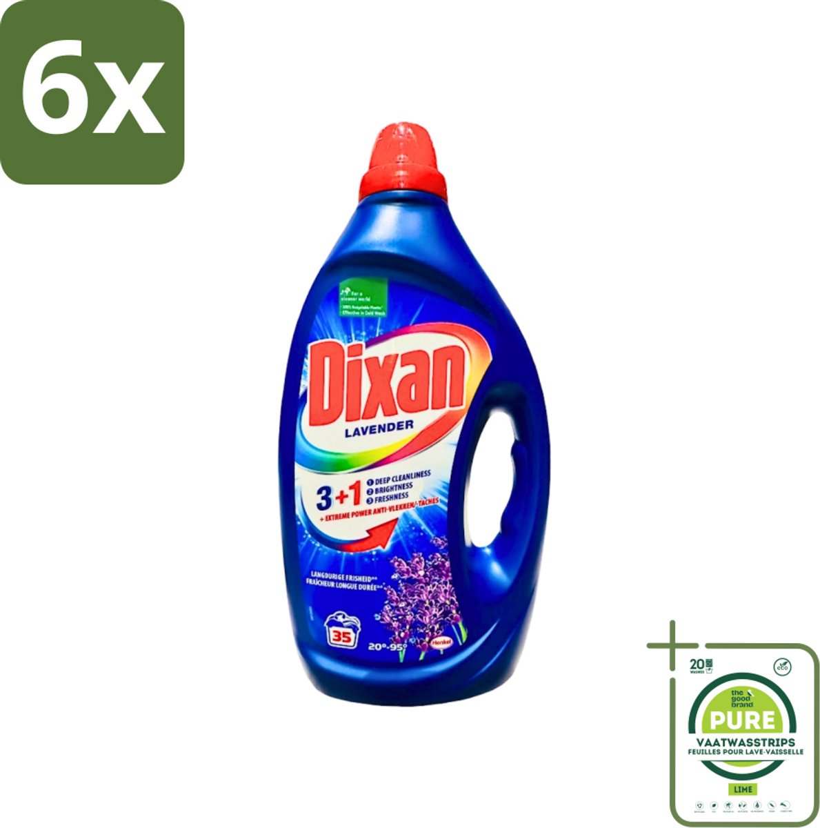 Dixan - Vloeibaar Wasmiddel en Vlekverwijderaar - Witte en Gekleurde Was - Lavendel - 35 Wasbeurten - Voordeelverpakking - 6 stuks - Wasmiddel - Vloeibaar wasmiddel