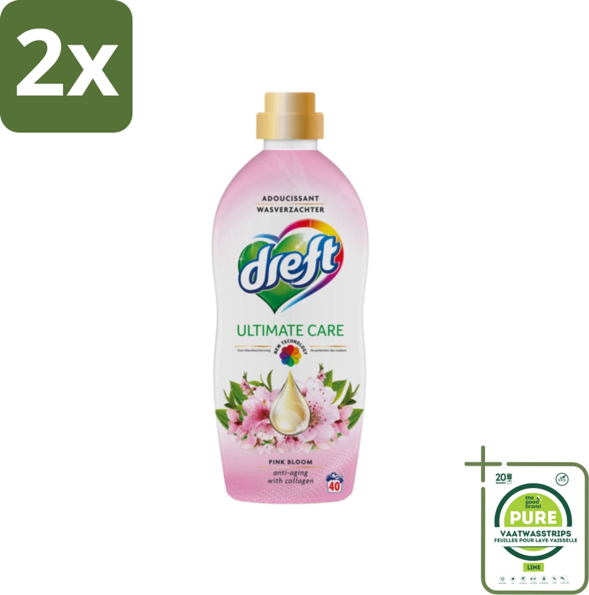 Dreft - Ultimate Care - Wasverzachter - Roze Bloem - Anti-Veroudering - 40 Wasbeurten - Voordeelverpakking - 2 stuks - Wasverzachter - Kleurbescherming