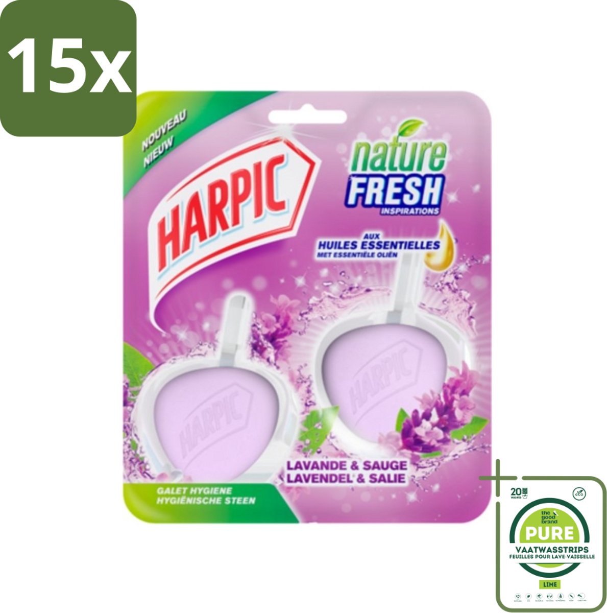15 x Harpic Toiletblok Lavendel 2 stuks per verpakking - Grootverpakking - Toiletblok - Toilet Schoonmaken - Lavendel Geur - Salie Geur - Hygiënisch Toilet