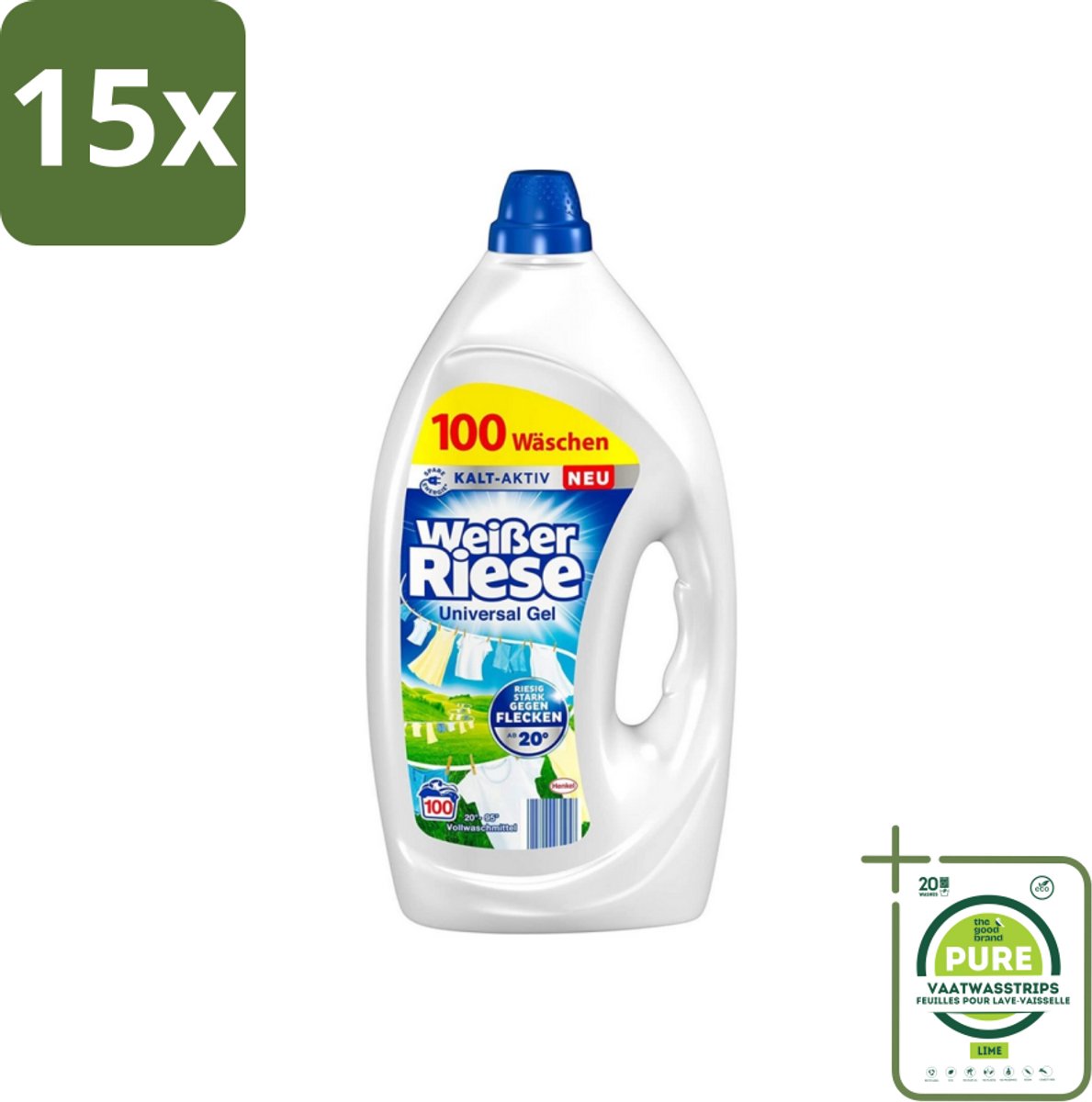 15 x Weißer Riese - Wasmiddel - Gel - Witte Was - 4.5L - 100 Wasbeurten - Grootverpakking - Witte Was - Wasmiddel - Wasgel - Vlekken Verwijderen - Wasformule