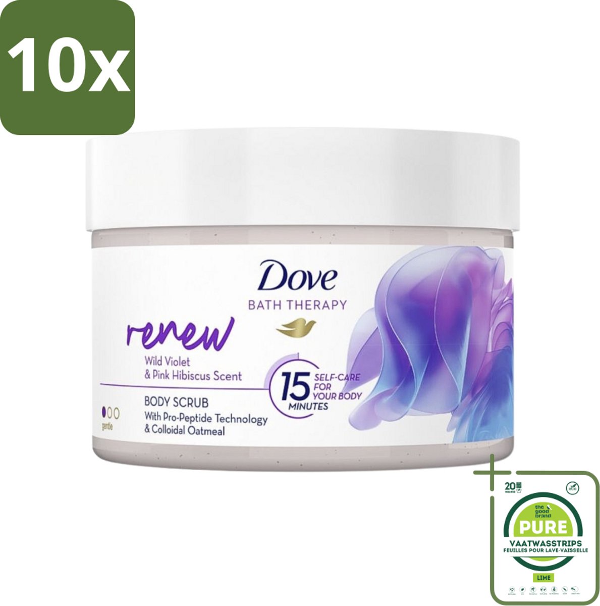 10 x Dove Bath Therapy Renew - Bodyscrub - Wilde Viooltjes & Roze Hibiscus - 295 ml - Grootverpakking - Huidverzorging - Bodyscrub - Exfoliëren - Dove - Voeden
