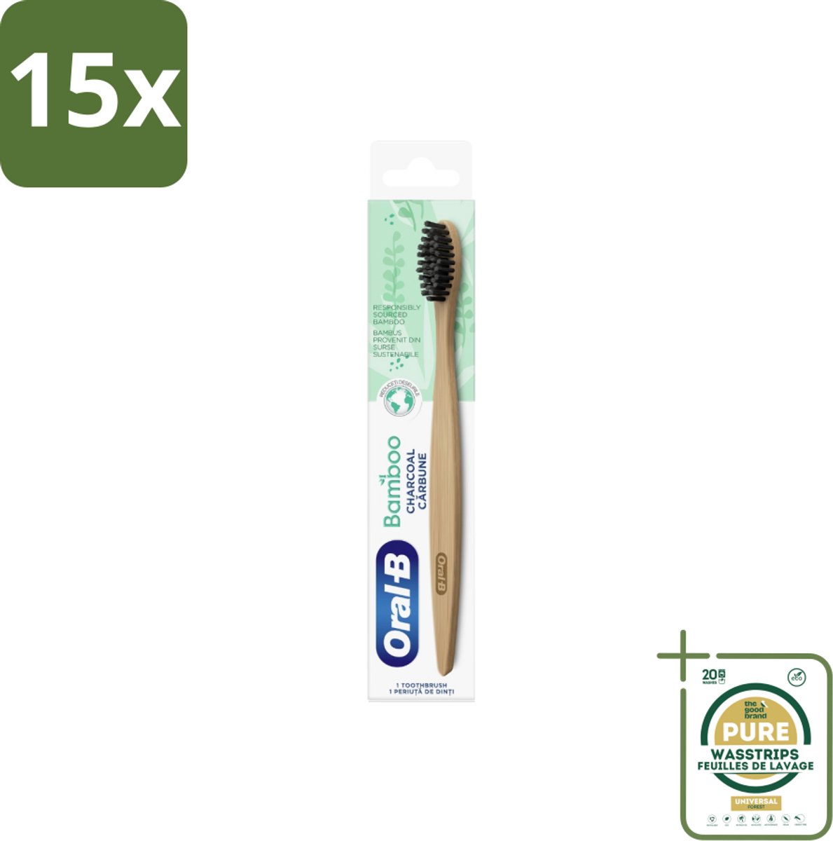 15 x Oral-B - Tandenborstel - Bamboe - Houtskool - 1 Tandenborstel - Grootverpakking - Tandenborstel Houtskool - Houtskool Borstelharen - Duurzame Tandenborstel - Veganistische Tandenborstel - Milieuvriendelijke Tandenborstel