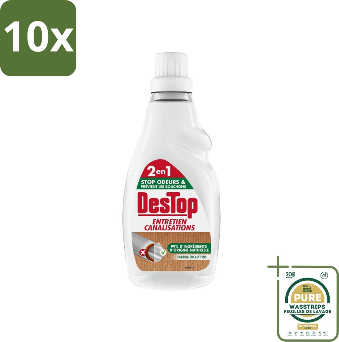 10 x DesTop - Onderhoud Leidingen - Ecologisch met Witte Azijn - Natuurlijke Ingrediënten - Eucalyptusgeur - 750 ml - Grootverpakking - Leidingen Onderhouden - Ecologisch Onderhoud - Witte Azijn - Natuurlijke Reiniging - Eucalyptusgeur