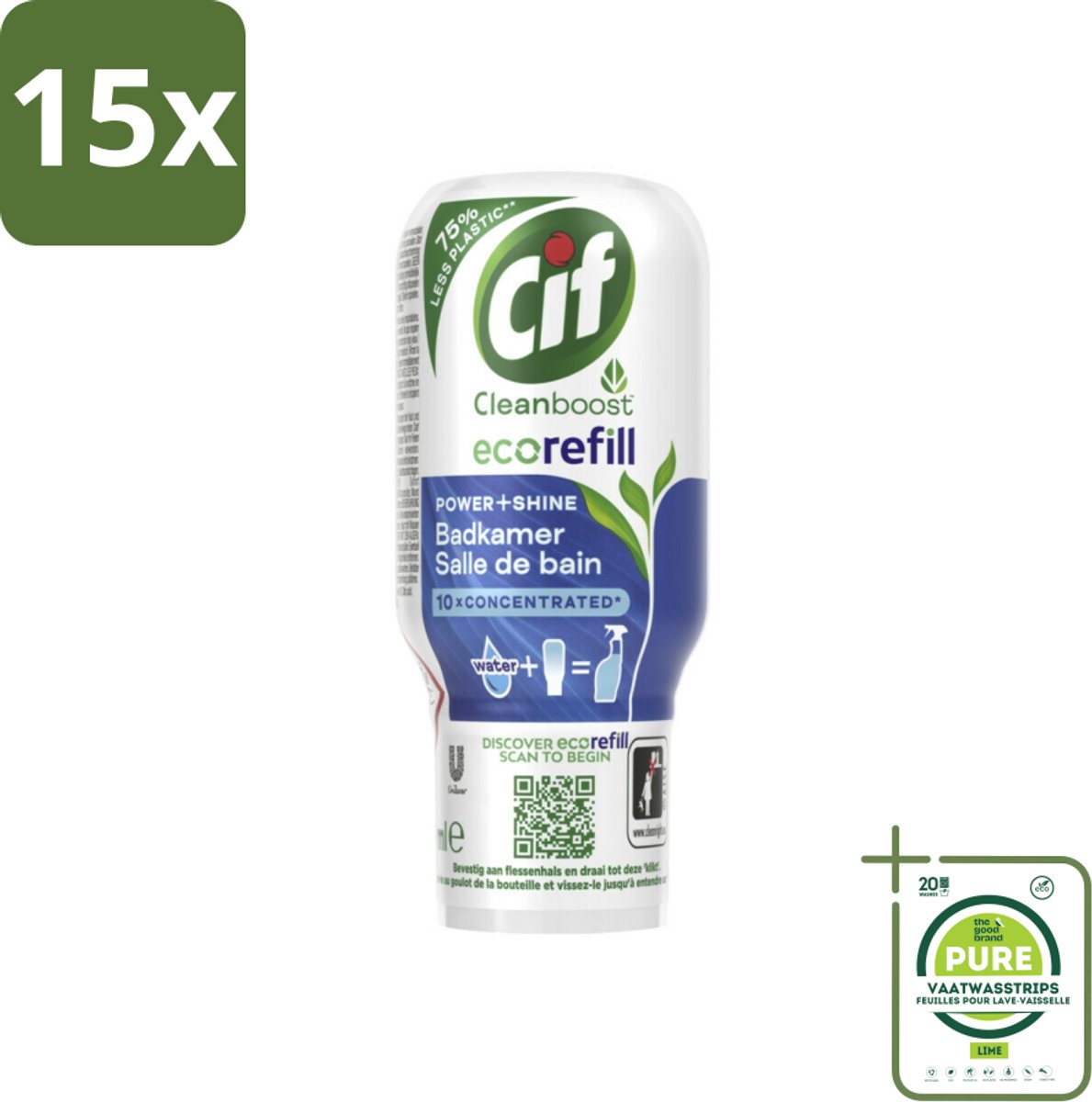 15 x Cif Eco Refill - Power & Shine - Badkamerreiniger - Spray - 70 ml - Grootverpakking - Badkamerreiniger - Ecologische Reiniging - Herbruikbare Verpakking - Plasticvrije Badkamer - Milieuvriendelijk