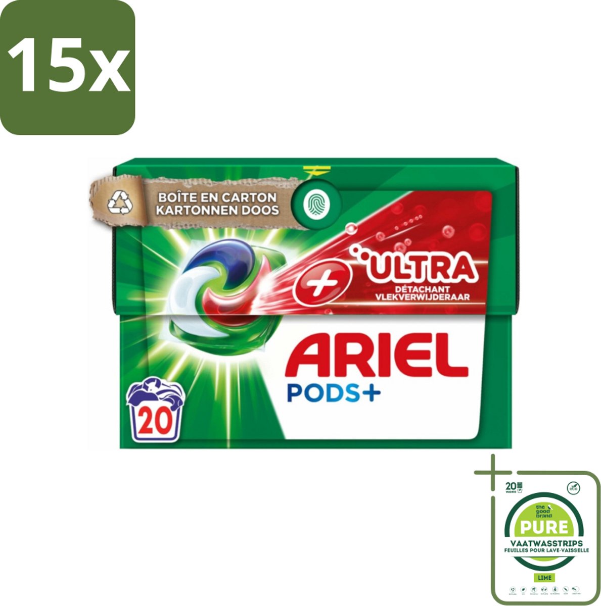 15 x Ariel +Ultra - Vlekverwijderaar & Wasmiddelcapsules - Pods+ - Witte en Gekleurde Was - 20 Wasbeurten - Grootverpakking - Ariel Pods+ - Wasmiddelcapsules - Vlekkenverwijderaar - Wasmiddel - Wascapsules
