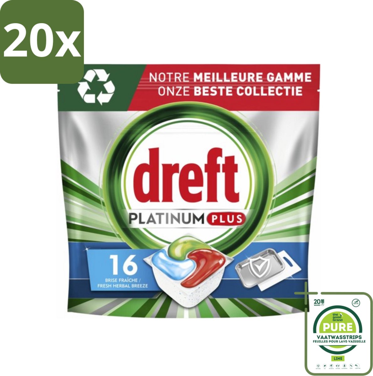 20 x Dreft Platinum Plus - All In One - Vaatwascapsules - Fresh Herbal Breeze - 16 Afwasbeurten - Grootverpakking - Vaatwascapsules - Vaatwasser - Schone Vaat - Frisse Geur - Vaatwasser Capsules