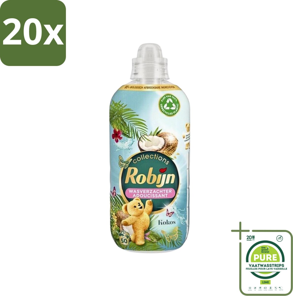 20 x Robijn Collections - Wasverzachter - Kokos - 1,25L - 50 Wasbeurten - Grootverpakking - Wasverzachter - Kokosgeur - Zachte Was - Frisse Was - Wasverzachter 1.25L