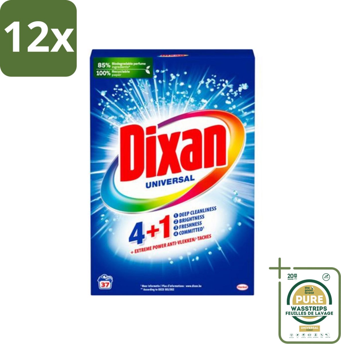 Dixan Universal - Waspoeder en Vlekverwijderaar - Extreme Power - Witte en Gekleurde Was - 37 Wasbeurten - Voordeelverpakking - 12 stuks - Wasmiddel - Waspoeder wit