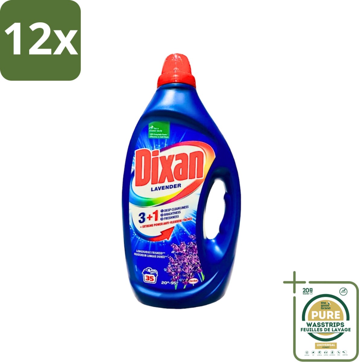 Dixan - Vloeibaar Wasmiddel en Vlekverwijderaar - Witte en Gekleurde Was - Lavendel - 35 Wasbeurten - Voordeelverpakking - 12 stuks - Vlekkenverwijderaar - Lavendelgeur