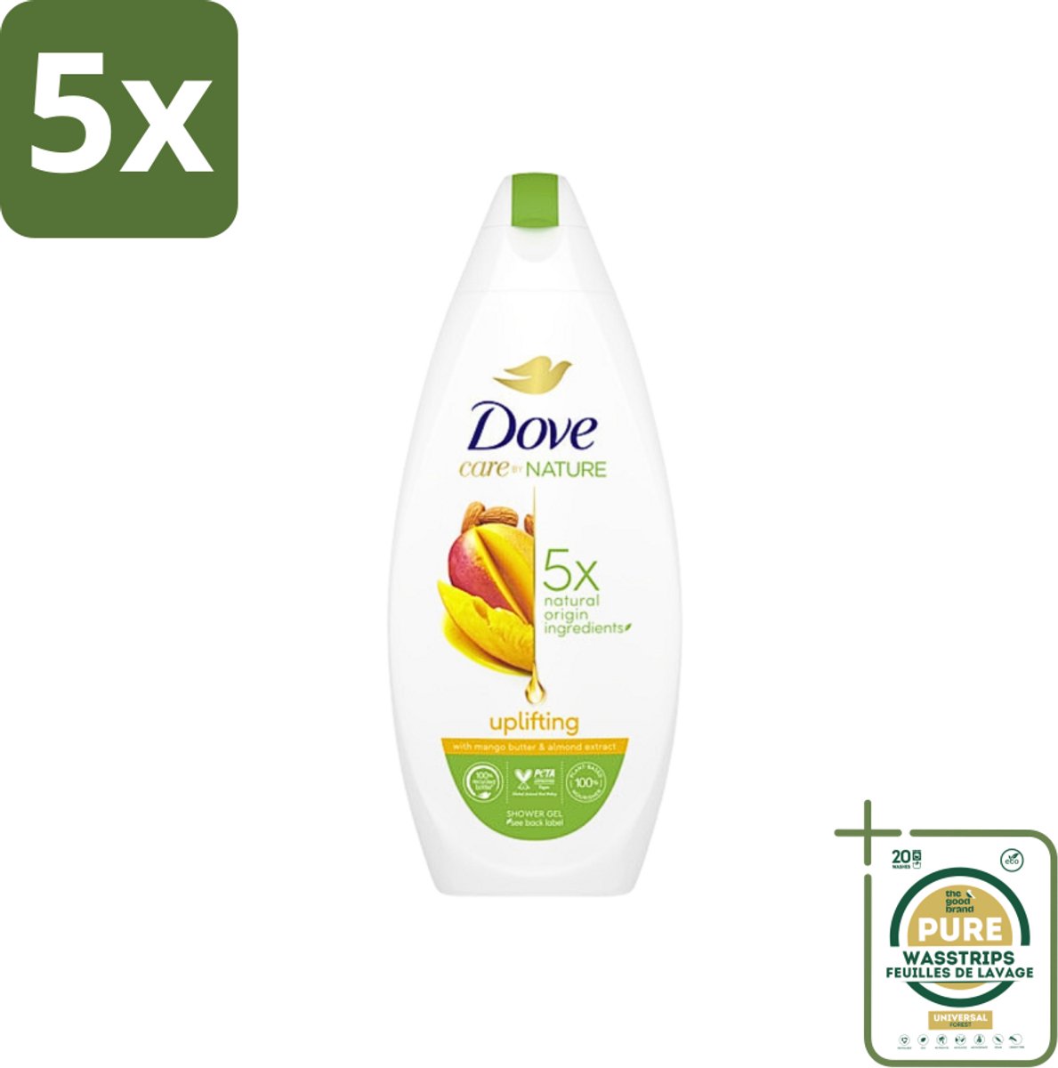 5 x Dove Care By Nature - Uplifting - Douchegel - Mangoboter & Almond Extract - 225 ml - Grootverpakking - Douchegel - Huidverzorging - Opwekkende Douchegel - Hydraterende Douchegel - Mangoboter