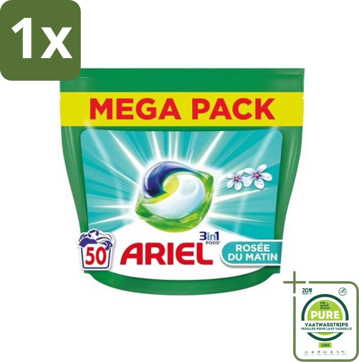 1 x Ariel Original - Ochtenddauw - Wasmiddelcapsules - 3in1 Pods - Witte en Gekleurde Was - 50 Wasbeurten - Ariel Wasmiddel - Wascapsules - 3in1 Pods - Waspoeder - Vlekkenverwijderaar