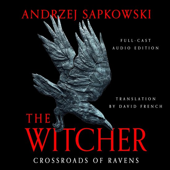 Livre audio "The Witcher : Crossroads of Ravens" par Andrzej Sapkowski, avec une sculpture de corbeau gris foncé.