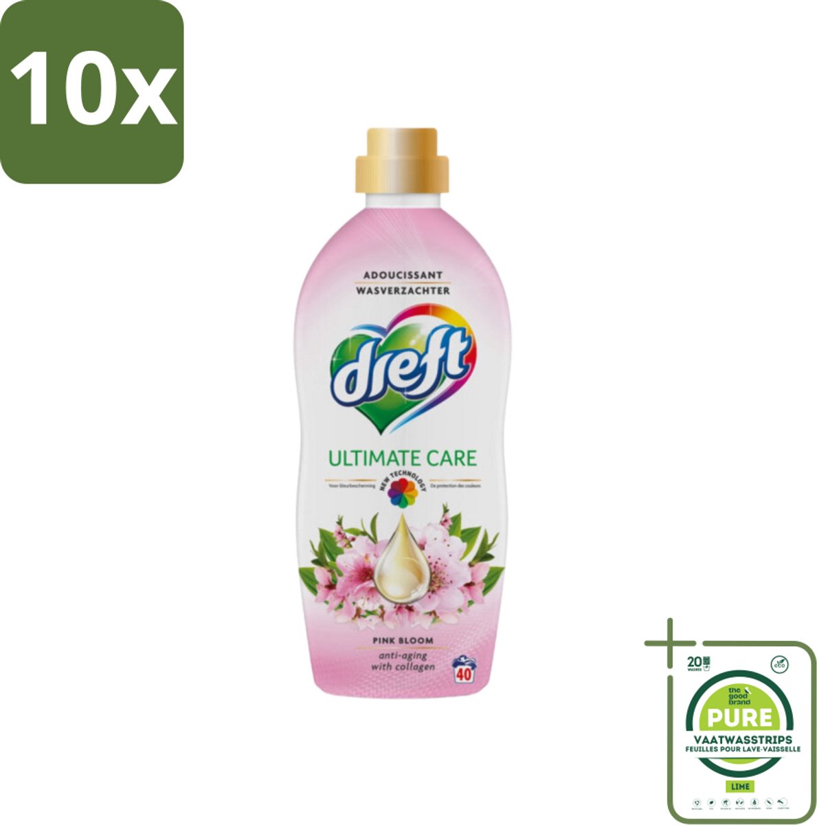 10 x Dreft - Ultimate Care - Wasverzachter - Roze Bloem - Anti-Veroudering - 40 Wasbeurten - Grootverpakking - Wasverzachter - Kleurbescherming - Anti-veroudering - Collageen - Roze Geur