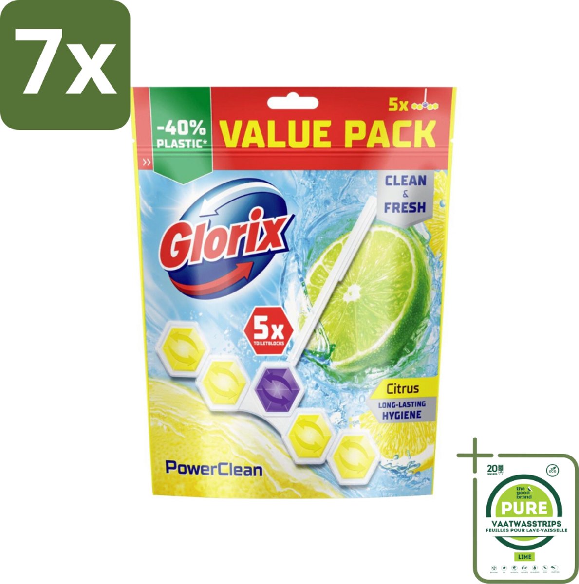 7 x Glorix - Power Clean - Toiletblok - Citrus - Hersluitbare Verpakking - 5 Blokken - Grootverpakking - Toilet Schoonmaak - Toiletblok - Toilet Reiniging - Citrus Geur - Kalk Verwijderaar