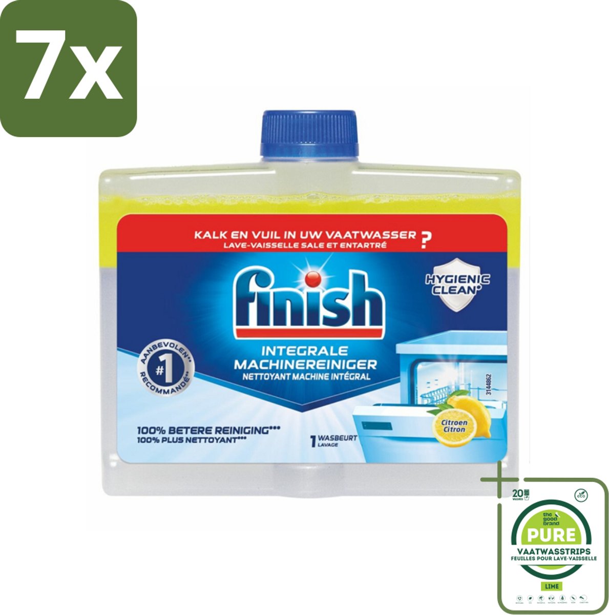 7 x Finish - Integrale Machinereiniger - Hygienic Clean - Anti-Kalk & Anti-Vuil - Citroen - 250ml - Grootverpakking - Vaatwasmachine Reiniger - Vaatwasser Schoonmaken - Anti-kalk - Vaatwasser Onderhoud - Finish