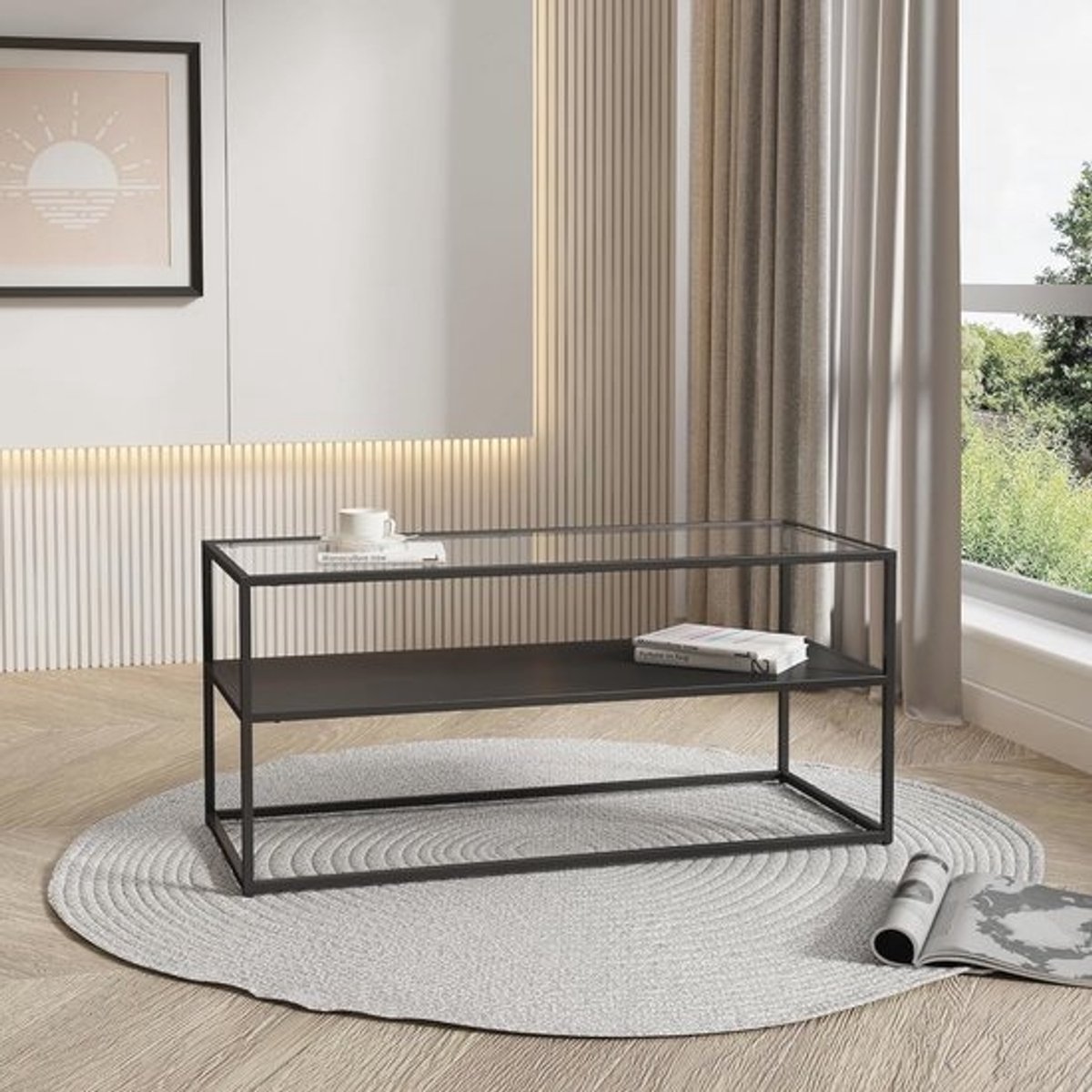 Stijlvolle rechthoekige salontafel van zwart staal met glazen blad 102x43x46cm