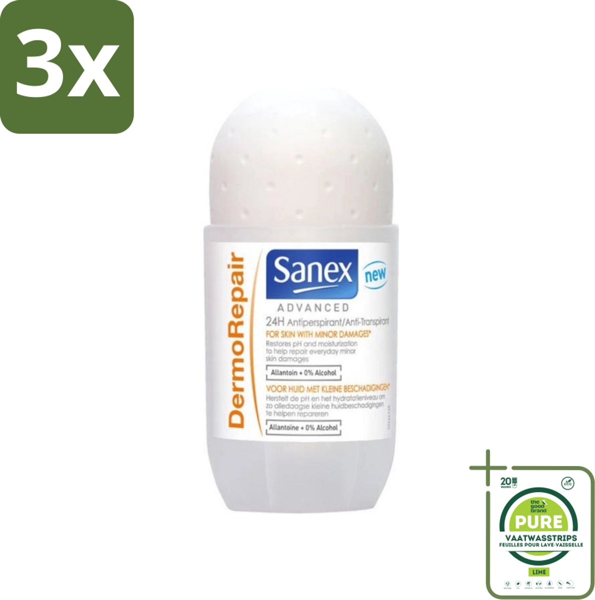 3 x Sanex Advanced - Dermo Repair - Deodorant Roller - 24h Anti-Transpirant - 0% Alcohol - 50 ml - Grootverpakking - 24 Uur Deodorant - Anti-transpirant - Huidherstellende Deodorant - Sanex Advanced Dermo Repair - Deodorant Roller