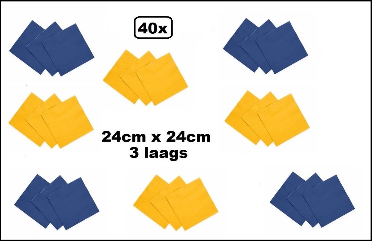 40x Servetten blauw en geel 24cm x 24cm - 3 laags - Party Cocktail servet diner eten knoeien restaurant BBQ thema feest verjaardag feest