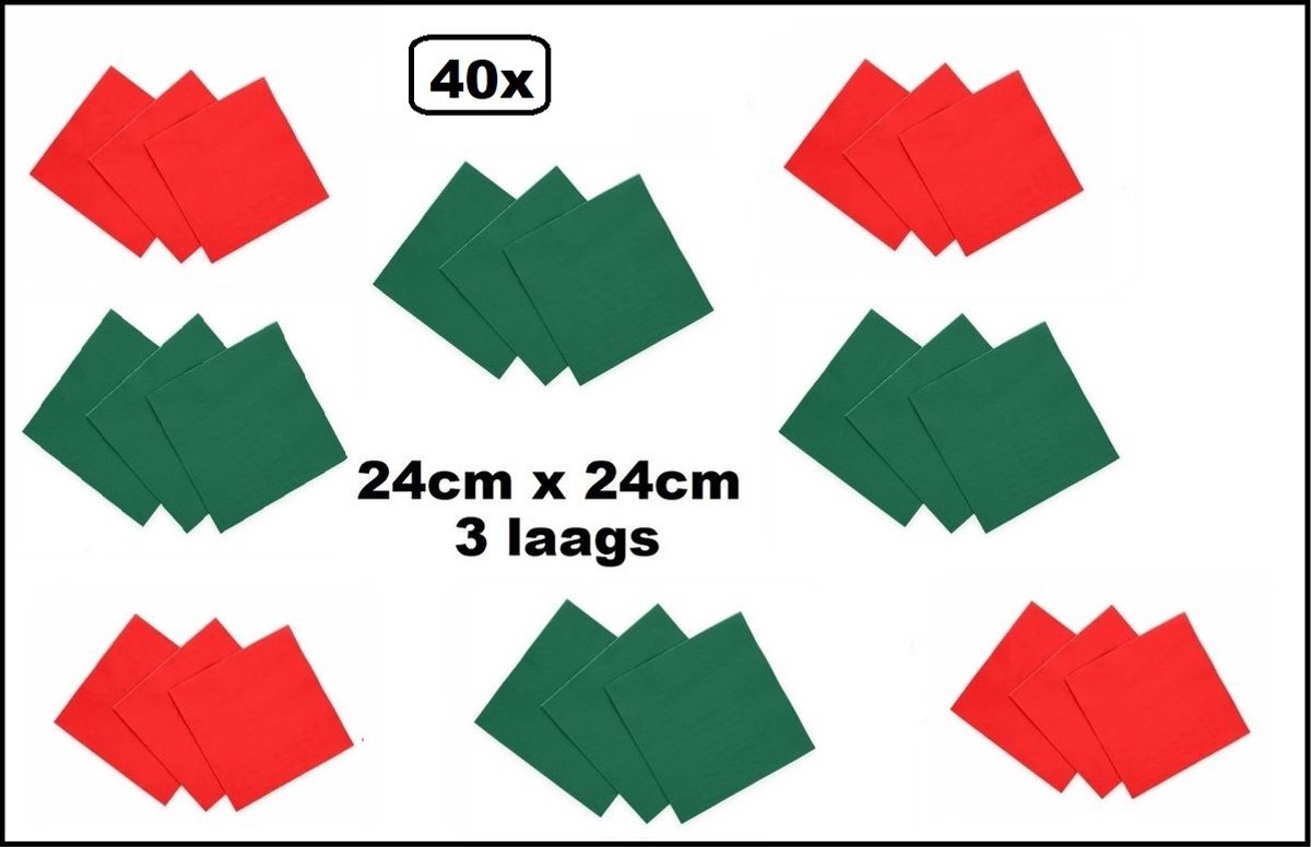 40x Servetten groen en rood 24cm x 24cm - 3 laags - Party Cocktail servet diner eten knoeien restaurant BBQ thema feest verjaardag feest