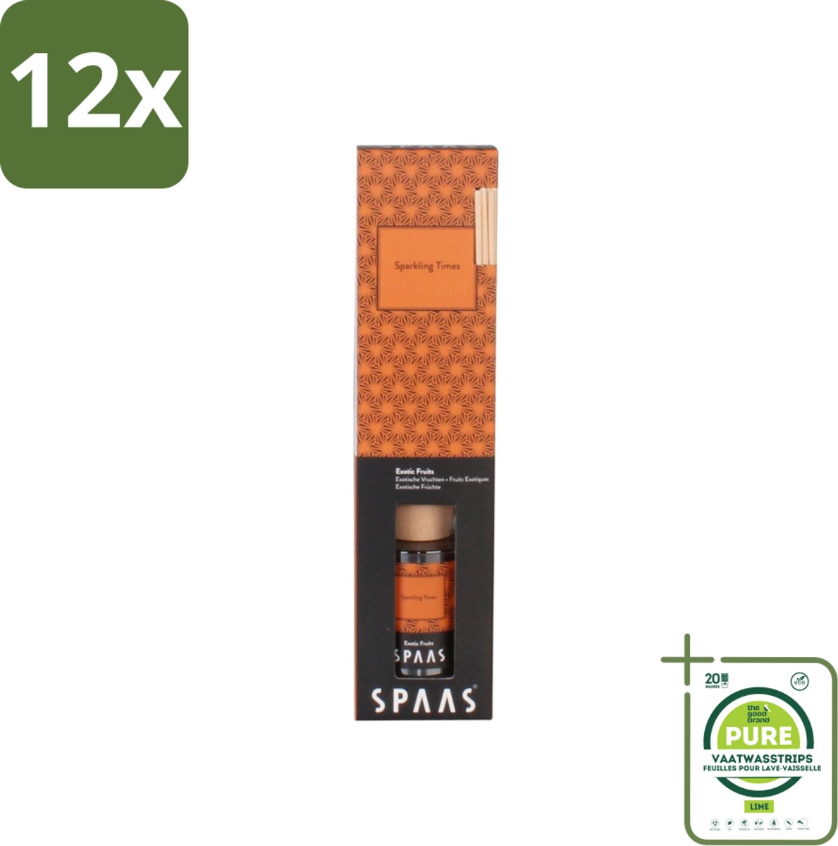 Spaas - Geurstokjes - Sparkling Times - Exotische Vruchten - 80 ml - Voordeelverpakking - 12 stuks - Geurstokjes - Geurverspreider