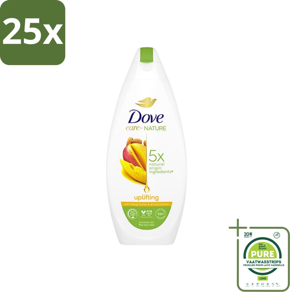 25 x Dove Care By Nature - Uplifting - Douchegel - Mangoboter & Almond Extract - 225 ml - Grootverpakking - Douchegel - Dove - Mangoboter - Amandelextract - Hydraterend