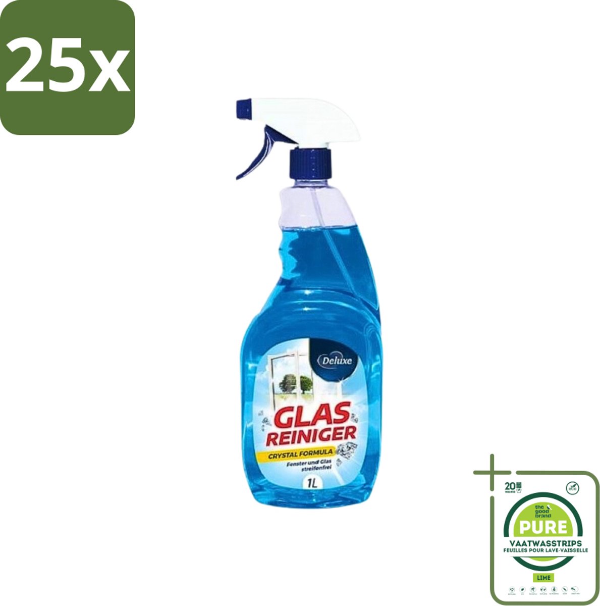 25 x Deluxe - Glasreiniger - Crystal Formule - Streeploze Glans - 1L - Grootverpakking - Glasreiniger - Ramen Schoonmaken - Spiegels Schoonmaken - Streeploos Glans - Kristalhelder