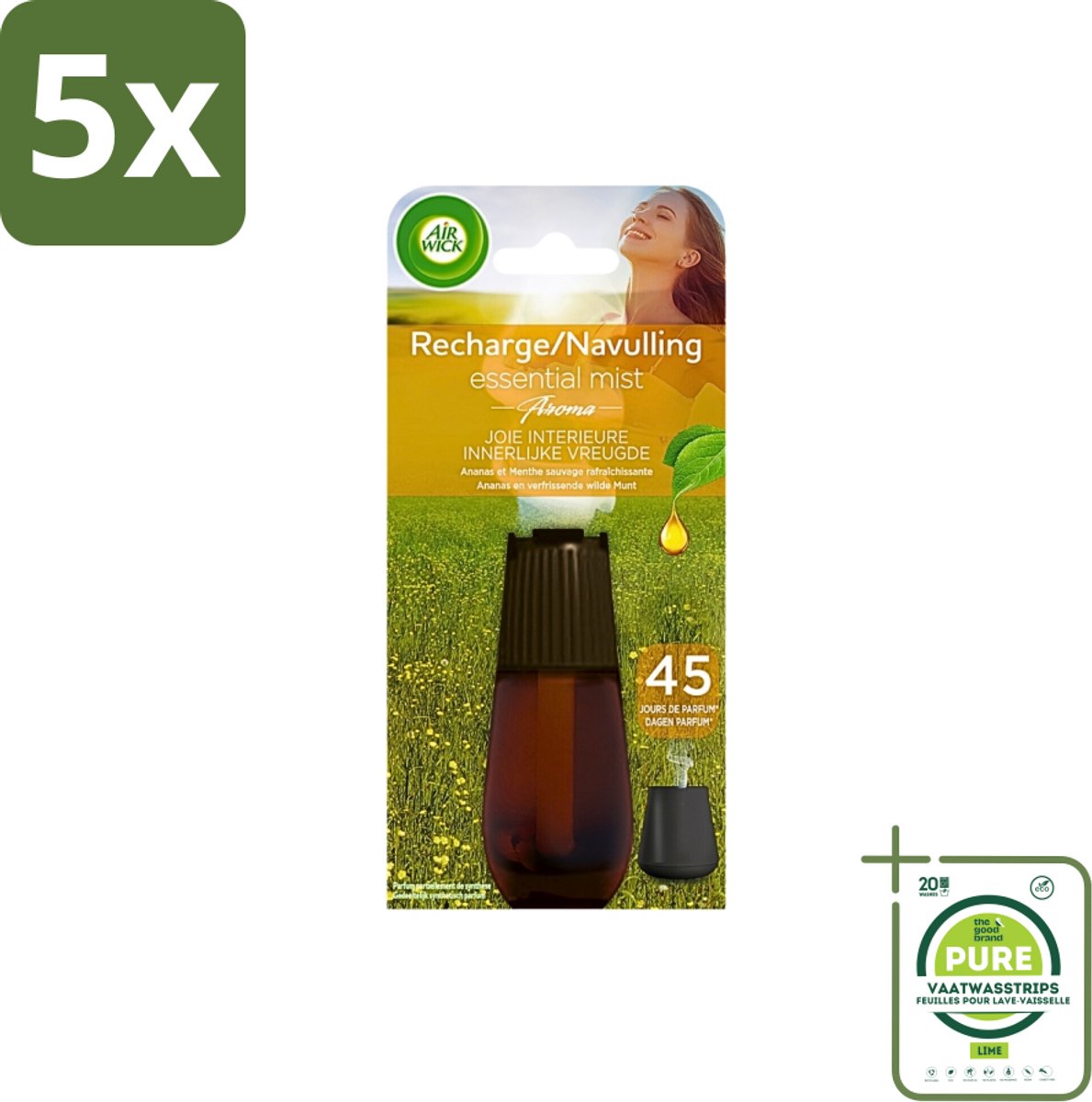 5 x Air Wick Essential Mist - Navulling - Happiness - Ananas & Wilde Munt - 20ml - Grootverpakking - Air Wick - Geurverspreider - Essentiële Oliën - Ananas - Munt