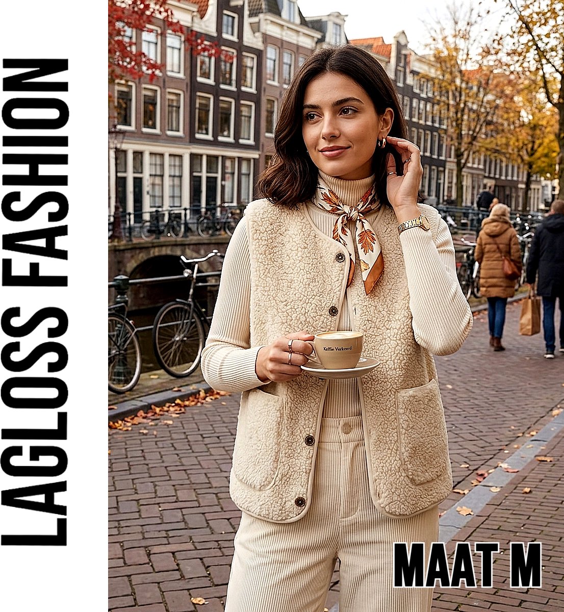 LaGloss® Dames Pluche Vest Gilet Khaki-Beige – Warm Mouwloos Teddy Vest met 2 Zakken – Maat M