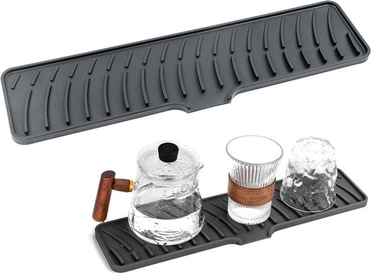 -Siliconen afdruiprek mat - Keuken - Bestek - Servies - Smalle afdruipmat met afvoer - Zwart - 42 x 10 cm - Geschikt voor verscheidene merken