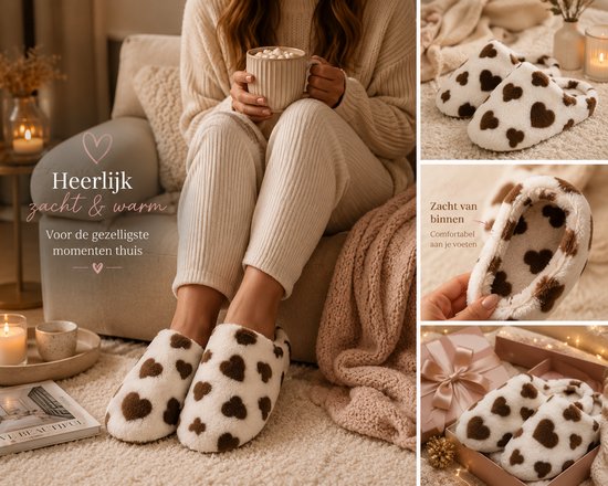 Een vrouw met witte pantoffels met bruine hartjes. Close-up van zachte voering en een cadeauverpakking.