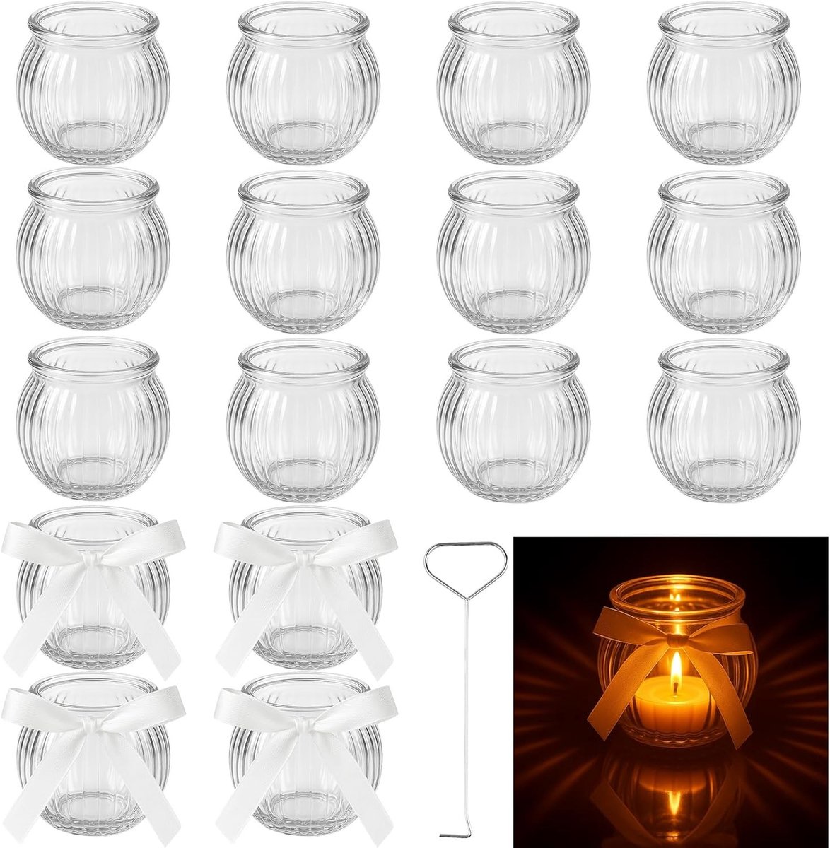 Windlicht van glas - Wit - 5,2 x 5,5 cm - Glazen Theelichthouders met Lint - Voor Sfeervolle Decoratie
