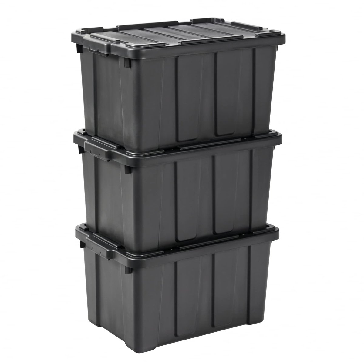 Famanu – Kunststof opbergdoos met deksel en kliksluiting, 50L, set van 3, stapelbaar en nestbaar, BPA-vrij, ideaal voor zolder, schuur en garage, kleur zwart